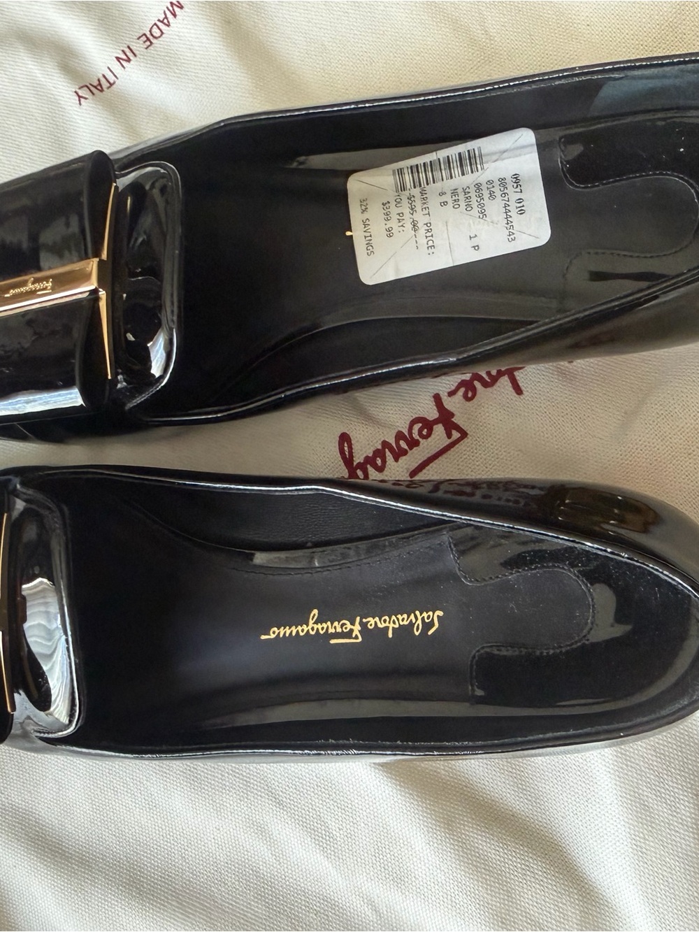 Salvatore Ferragamo Black Patent Vara Bow Flats with Gold Accent